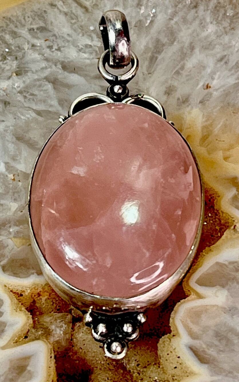 Large Sterling Silver 925 Rose Quartz Oval Statement Pendant Pink Gemstone 17.1g